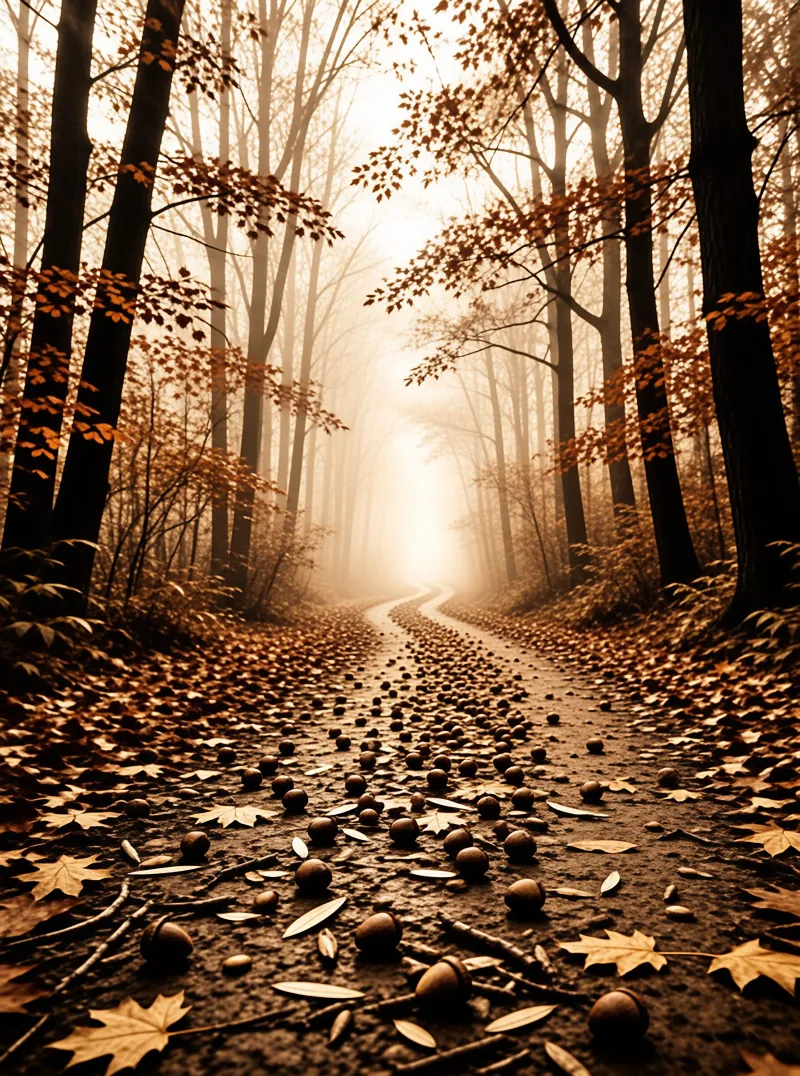 A winding dirt road disappears into a thick fog while tall trees line both sides and the ground is scattered with brown leaves and acorns.