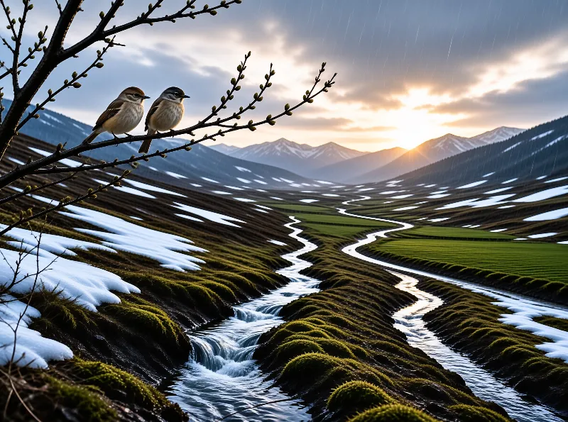 Two small birds perch on a branch overlooking a winding river cutting through snow-dusted hills at sunset.