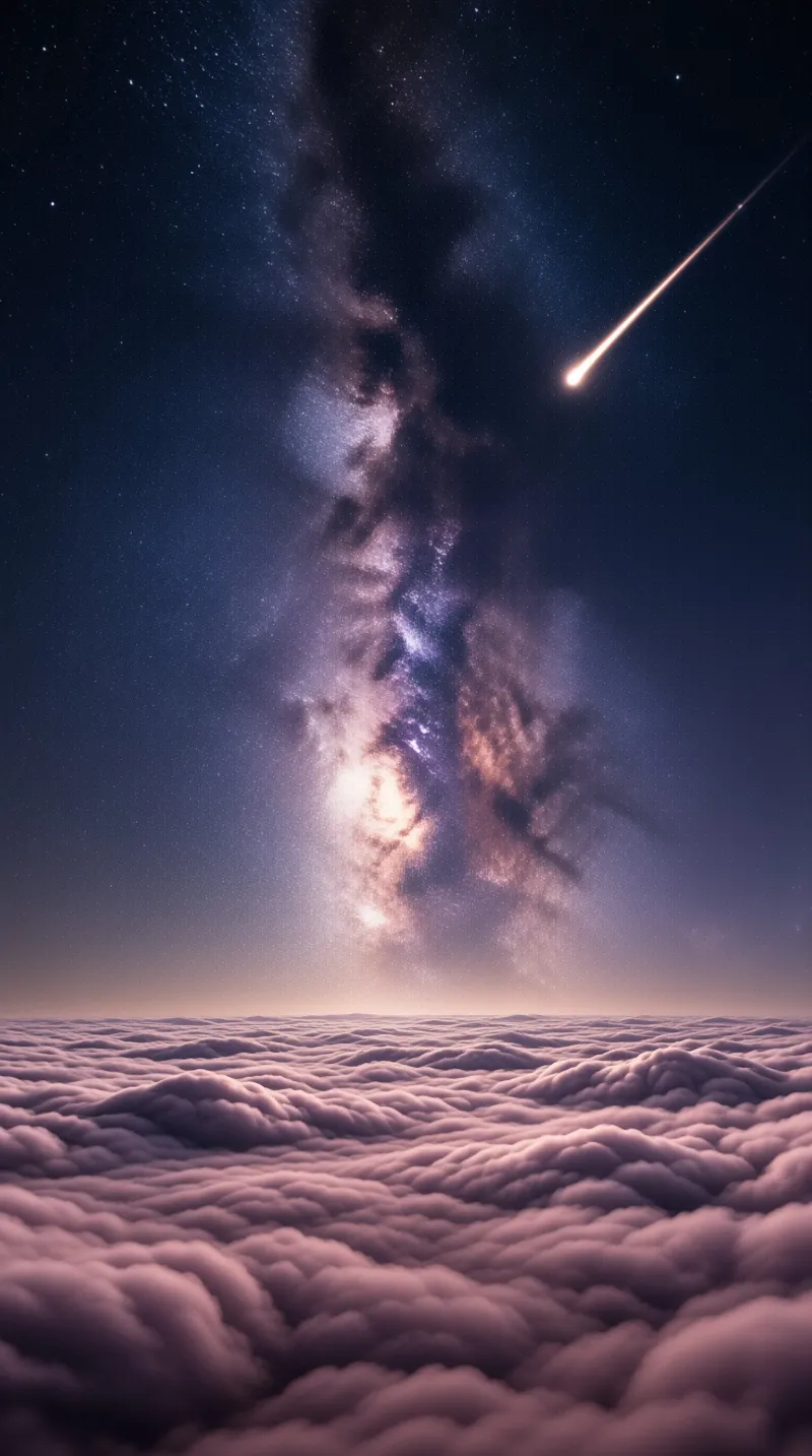 A luminous meteor trails across the dark sky as the Milky Way stretches above a vast expanse of clouds.