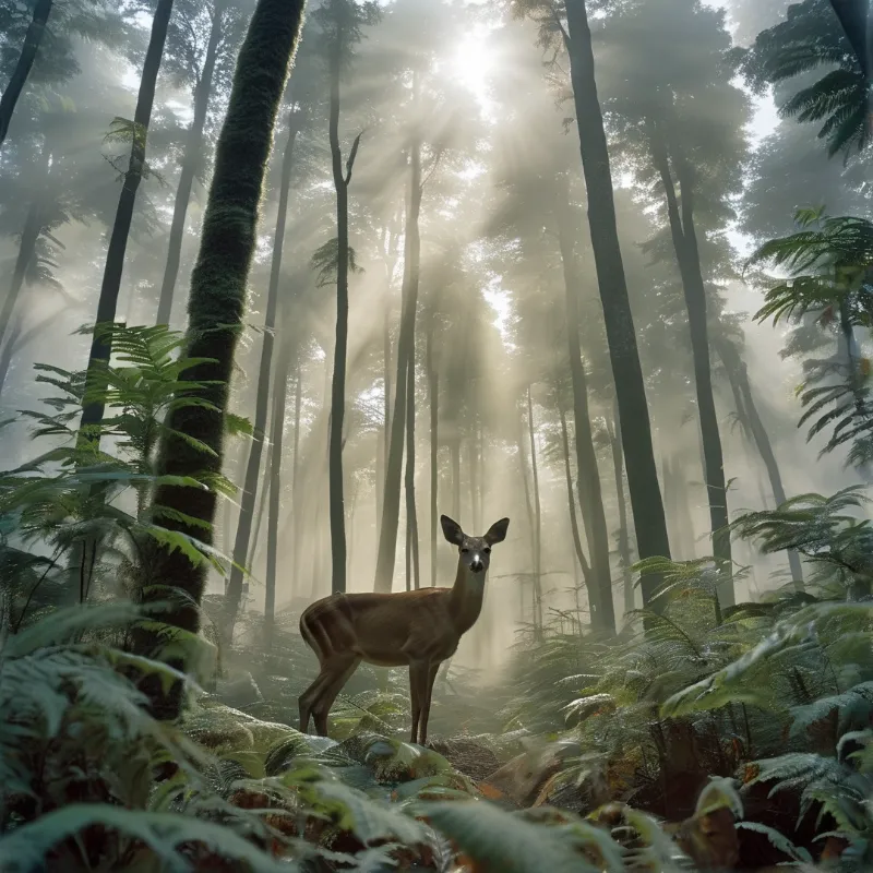 A deer looks toward the viewer while standing among ferns and tall tree trunks bathed in shafts of bright misty sunlight.
