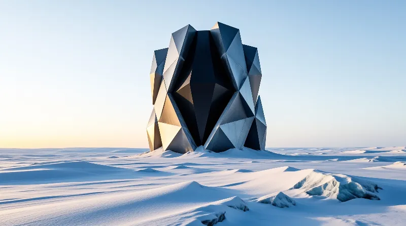 A massive angular sculpture with dark blue and gold faces stands alone on white drifts under a clear sky.
