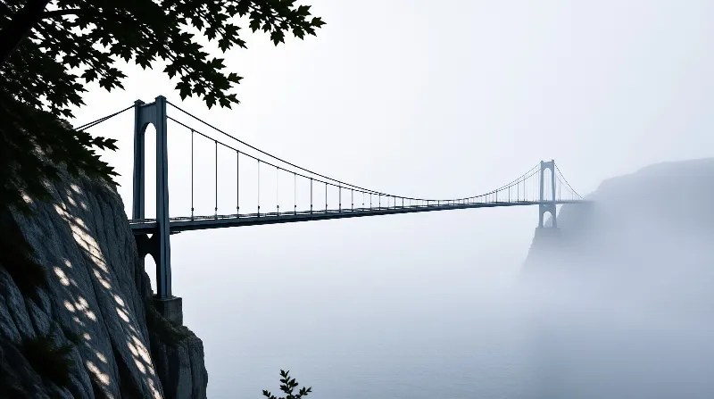 A massive suspension bridge stretches across a foggy gorge with a steep rocky cliff and overhanging tree branches on the left