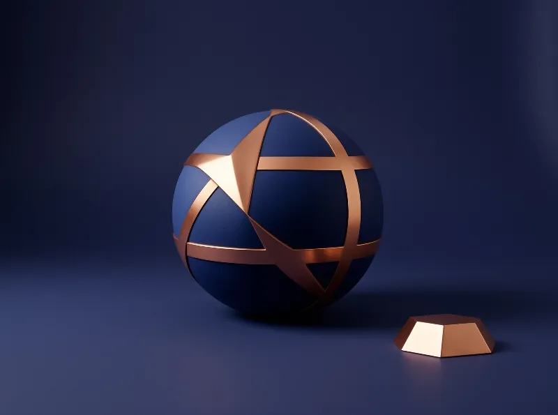 A blue globe with copper rings sits next to a small metallic shape against a dark background.