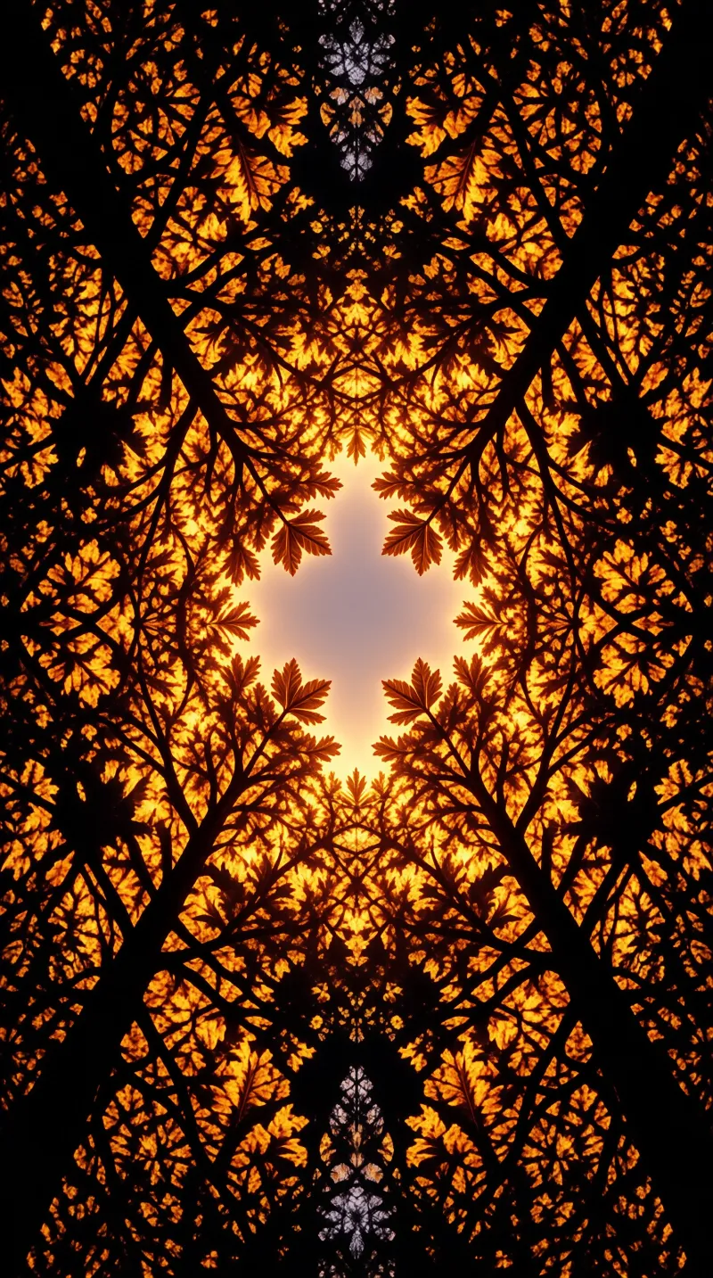 A kaleidoscopic arrangement of dark branches and glowing orange leaves surrounds a bright central opening.