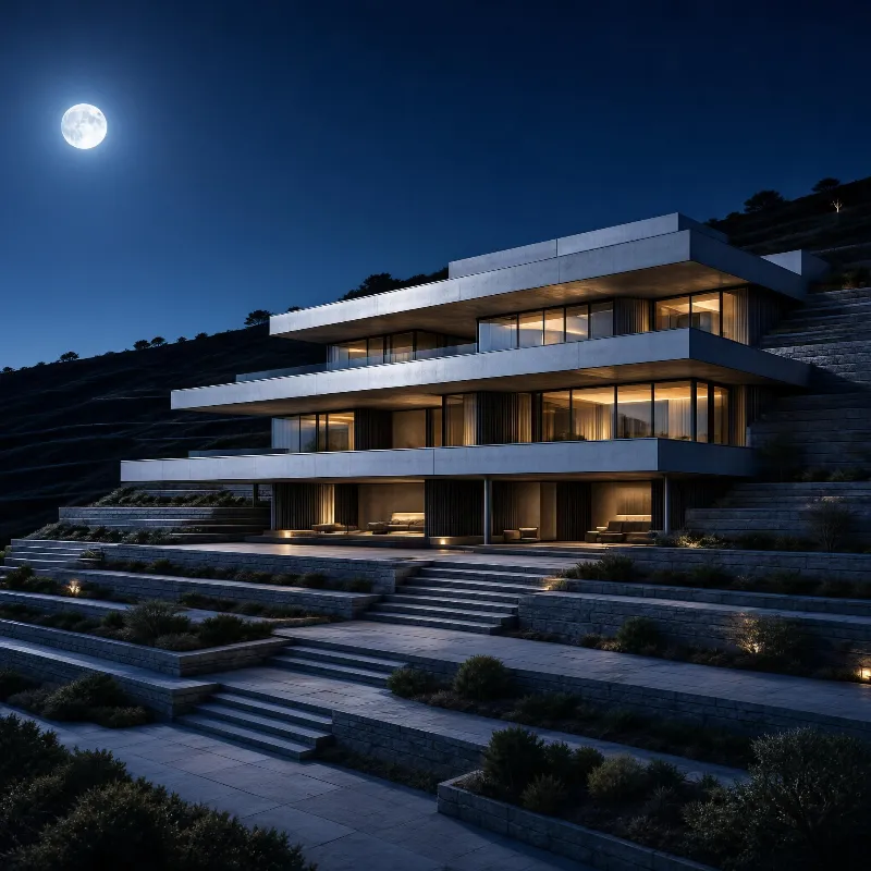 A modern concrete villa sits on a terraced hillside at night, with warm interior lights illuminating the space and a full moon shining in the dark blue sky.