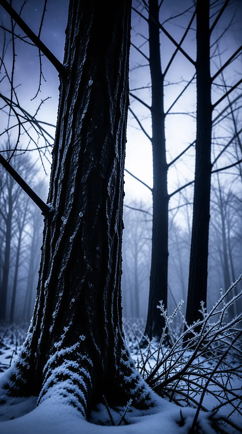 A dark tree trunk covered in white frost stands prominently in a foggy forest tinted with deep blue twilight hues.