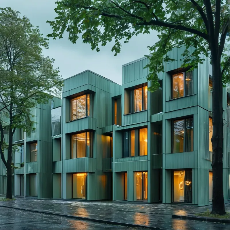 Modern green building glows warmly inside while surrounded by trees in a twilight courtyard.
