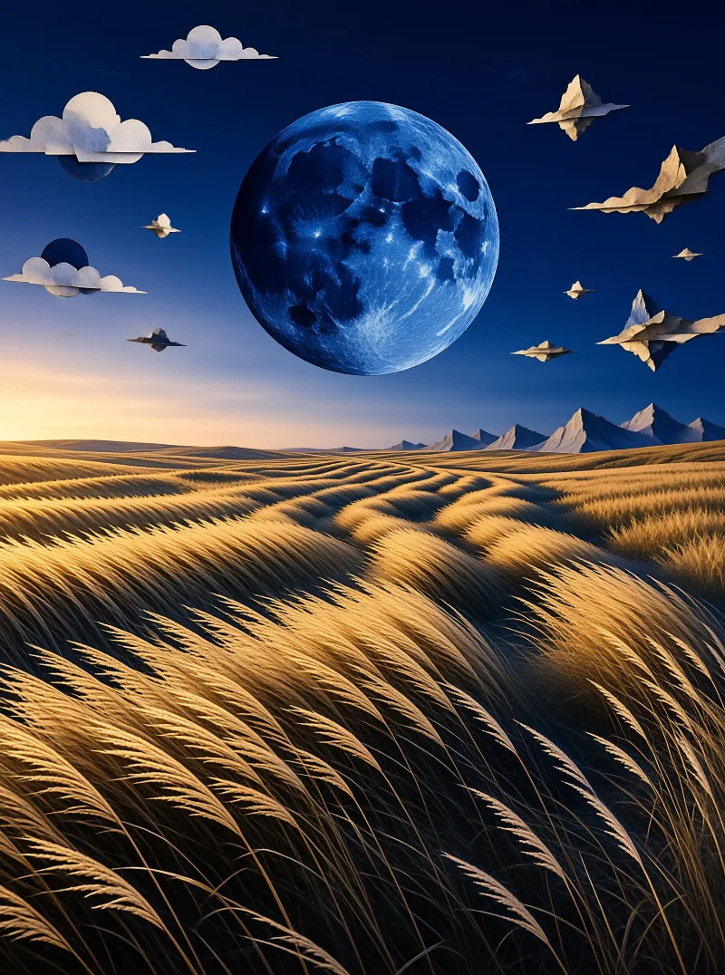 A giant blue planet hangs above a golden wheat field with floating geometric clouds and distant mountain peaks.