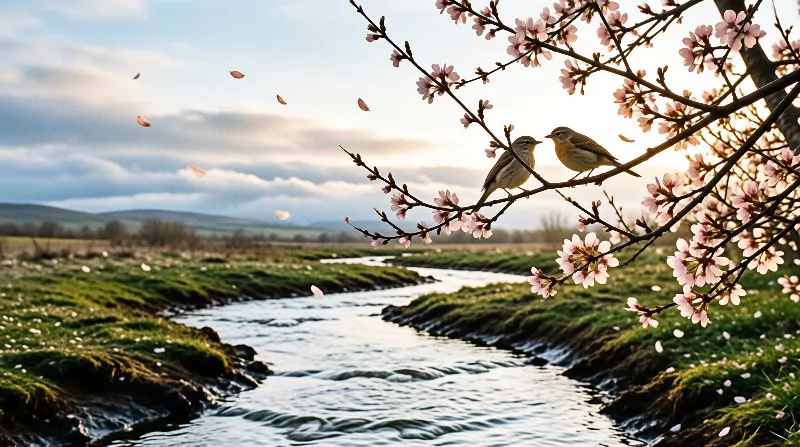 Two small birds perch on a flowering branch overlooking a winding stream with falling petals under soft light.