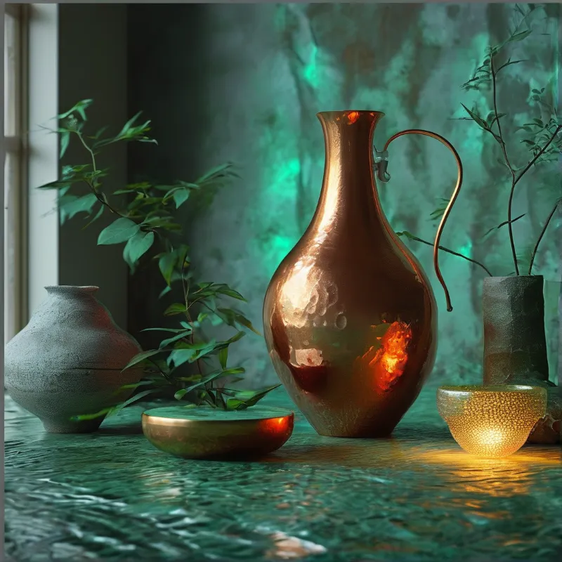 Hammered copper pitcher sits on a wet stone table with ceramic vases, foliage, and glowing lamps, lit by teal ambient light.