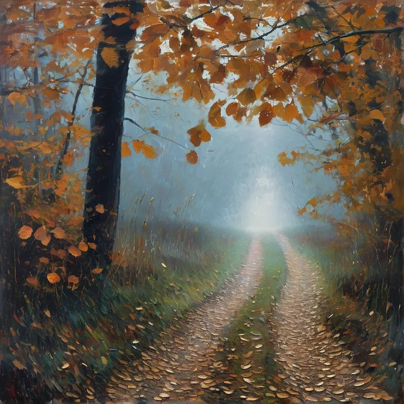 An impressionist landscape features a dirt path winding through orange autumn trees toward a bright misty horizon.