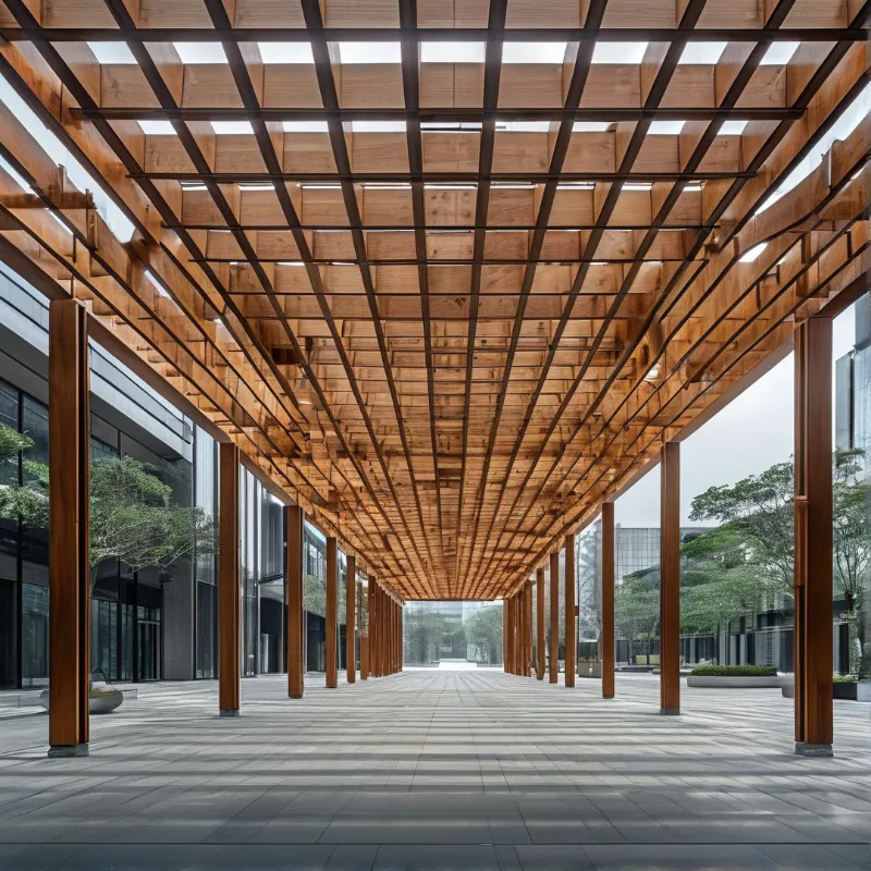 A long wooden pergola with a square grid ceiling stretches over a paved plaza toward trees and glass buildings.