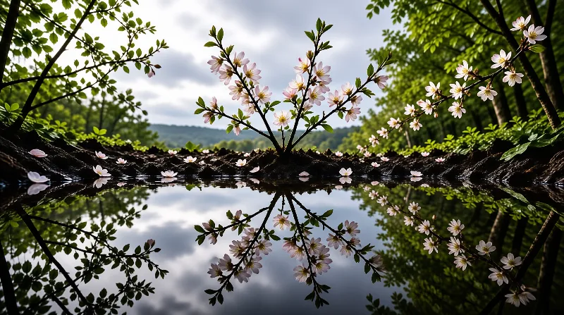 Pink cherry blossoms extend over a calm forest pond, their mirrored images sit on still water with green trees and cloudy sky.