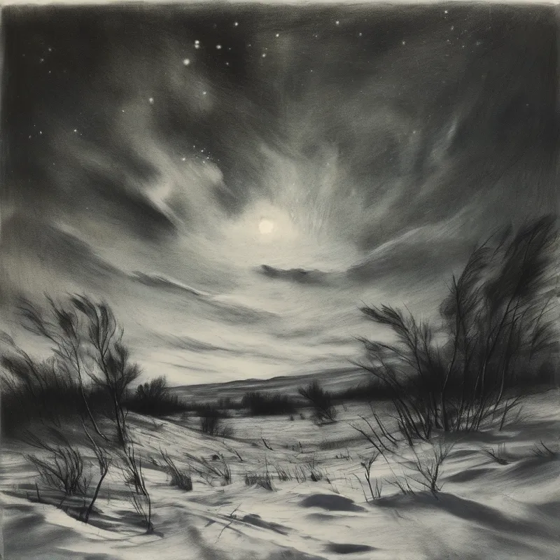 Leafless shrubs bend in strong wind across a snow covered valley on a dark cloudy night with a faint glowing moon above