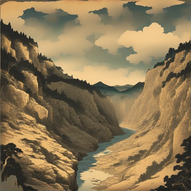 A stylized retro illustration of a winding river through a deep gorge flanked by forested cliffs under cream clouds.