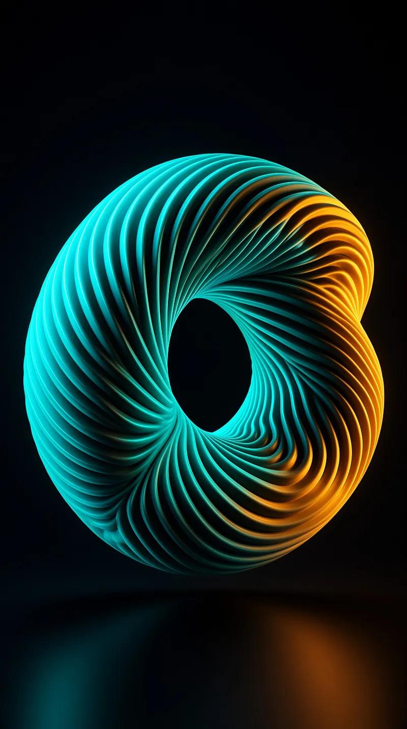 A ribbed spiral vortex emits a gradient of cyan and amber light against a deep black void.