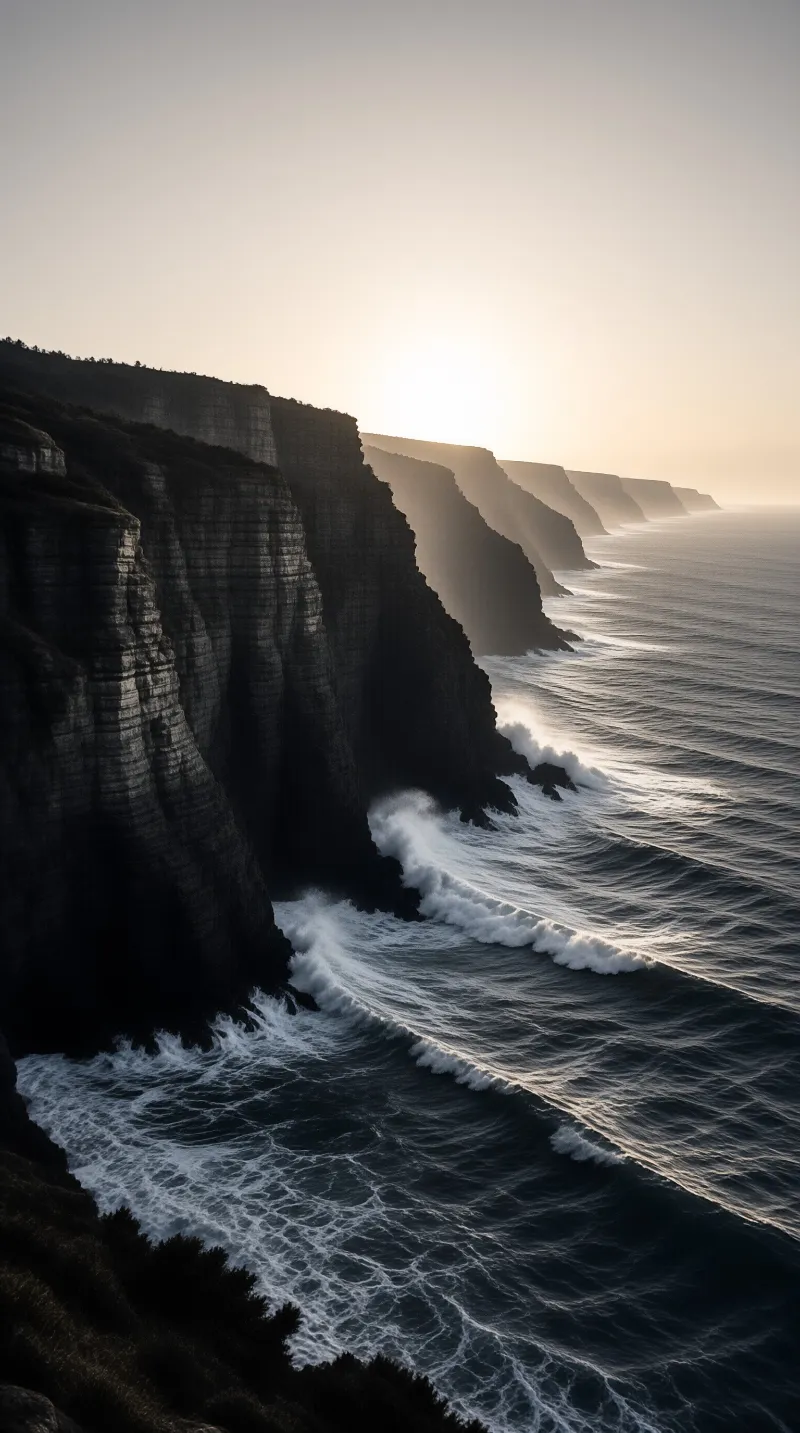 Massive coastal cliffs plunge into the dark ocean where white waves crash against the rock under soft sunlight.