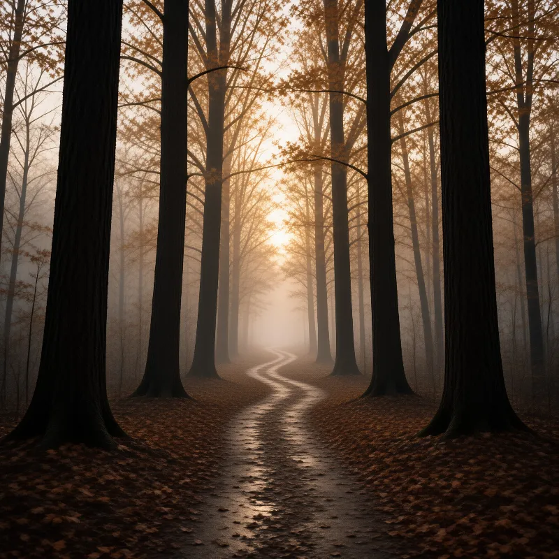 A narrow trail curves between tall dark tree trunks as low sunlight diffuses through thick fog on a leaf covered floor.