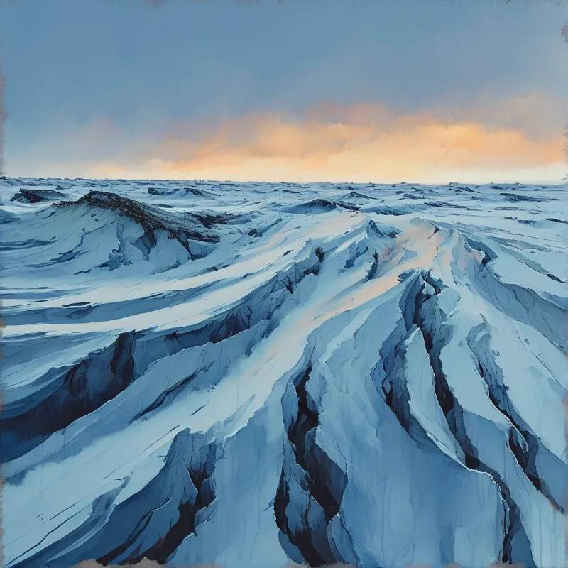 Pale blue ice ridges with dark shadowed fissures stretch to the horizon under a peach and orange sunset.