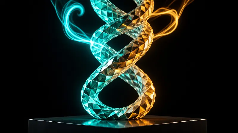 Cyan and gold faceted ribbons intertwine into a spiral form resting on a glossy black surface.
