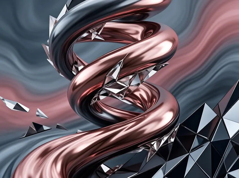 A glossy metallic ribbon curls around jagged geometric fragments in a smooth digital space.