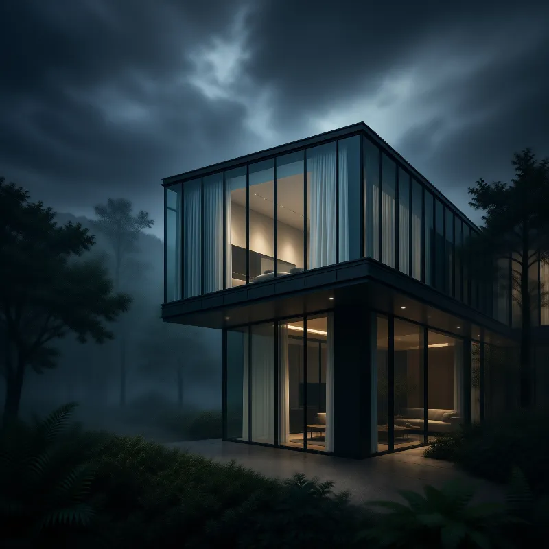 Modern Glass House at Night
