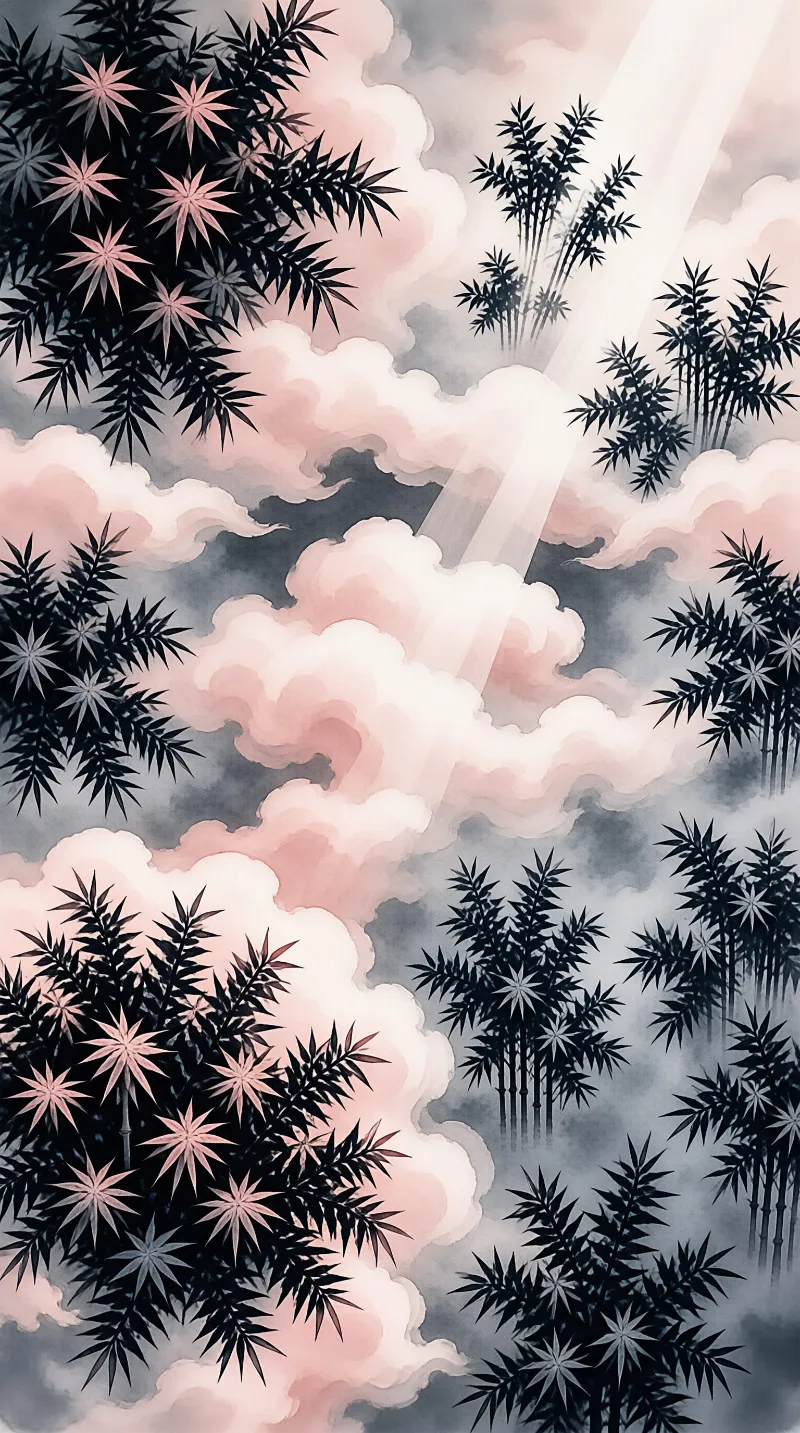 Dark stylized plants with star shaped foliage rise through pastel pink and grey clouds illuminated by bright rays.