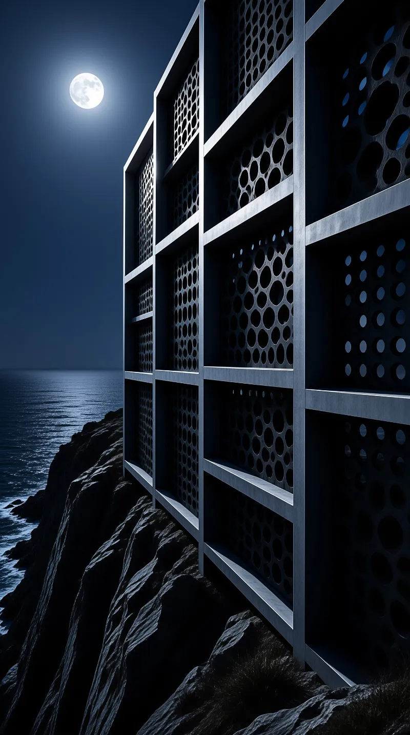 Perforated concrete modules stack into a massive grid above a rocky shore while a full moon glows over the calm night sea.