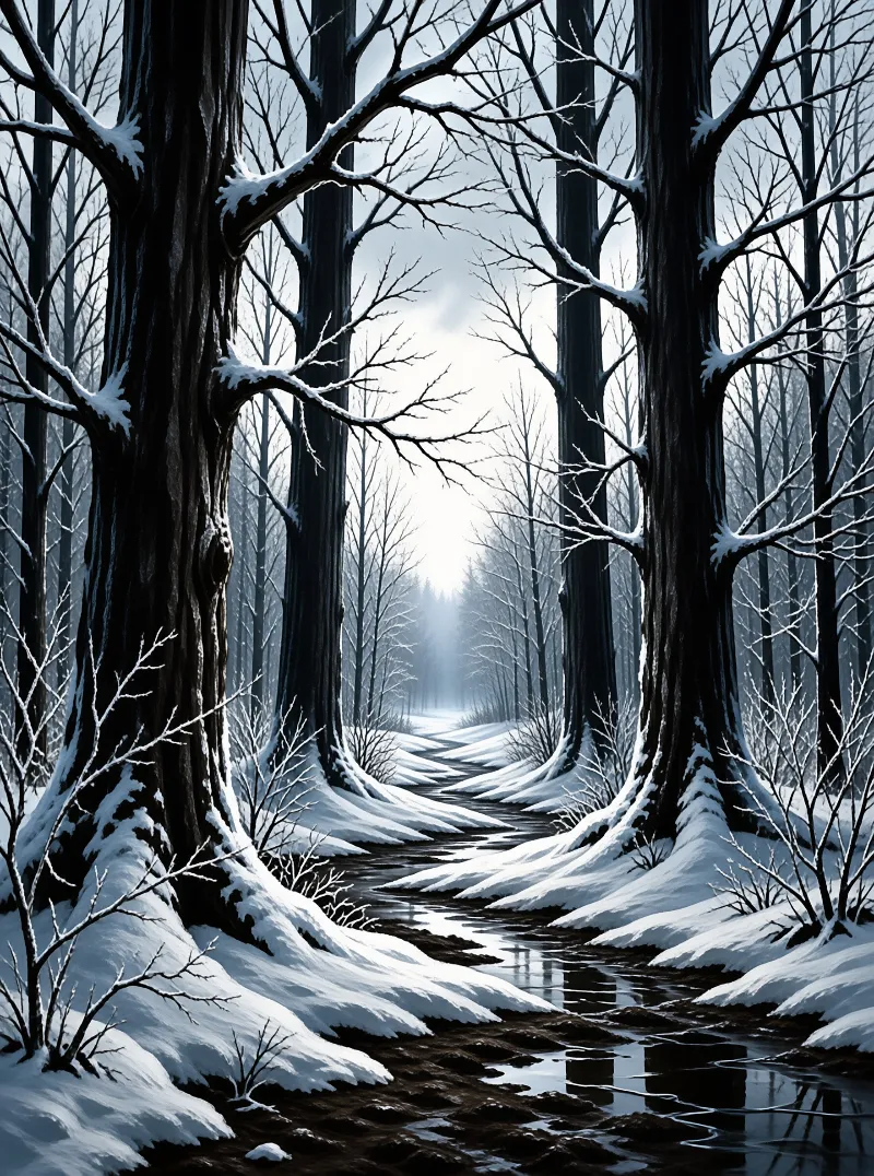 A winding path runs through a dense forest where tall dark trees are covered in heavy snow under a pale sky.