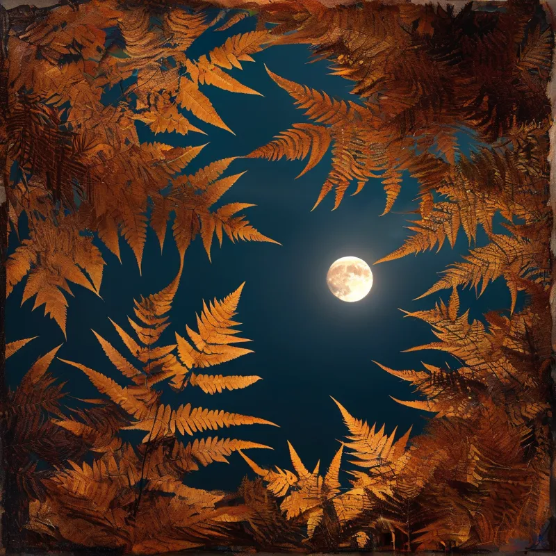 The full moon glows in the dark blue sky surrounded by a natural border of golden brown fern fronds.
