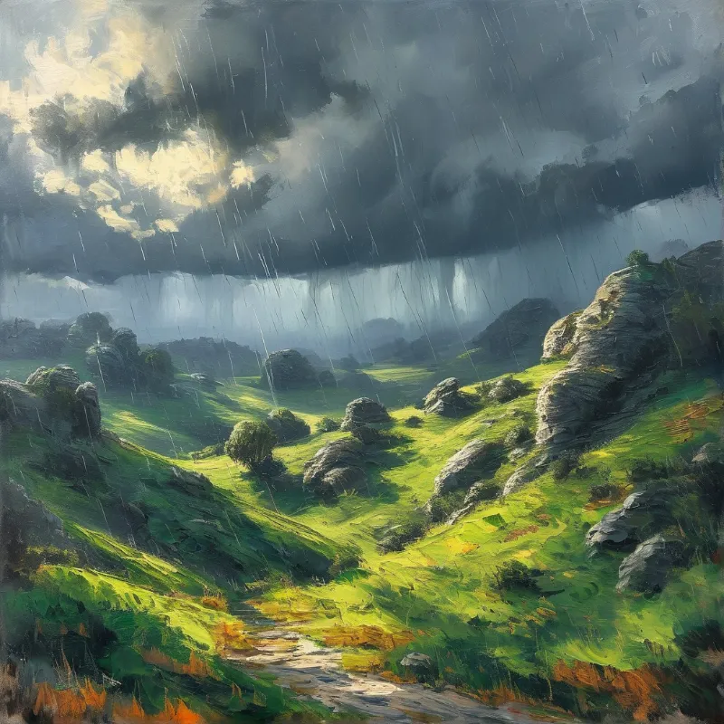 Painted lush rolling green hills with boulders and scattered trees receive heavy rain from dark storm clouds