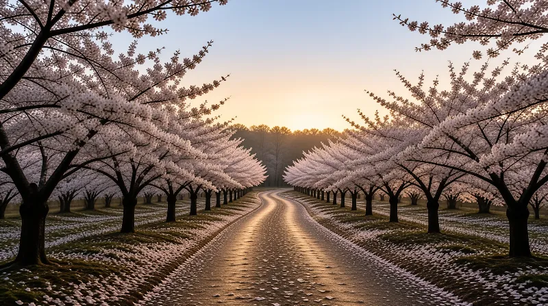 Rows of blooming cherry trees line a curving path covered in fallen petals under a warm sunrise sky.