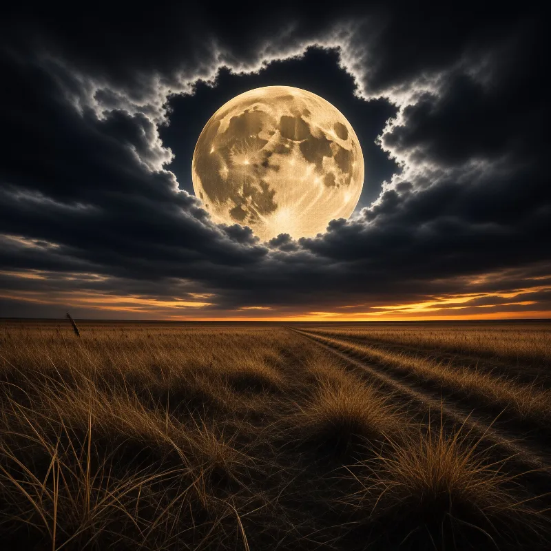 A massive glowing moon dominates a stormy sky above a vast field of dry golden grass.