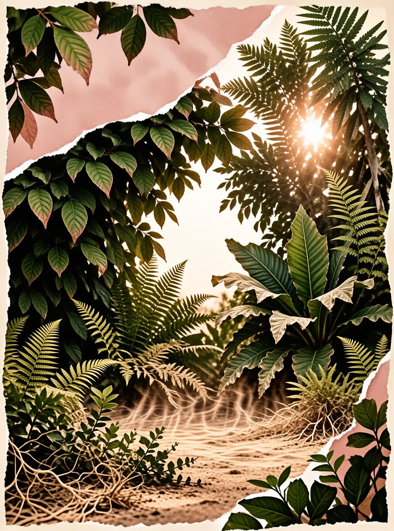 Golden sunlight filters through dense green foliage and ferns bordering a sandy forest path with exposed white roots.
