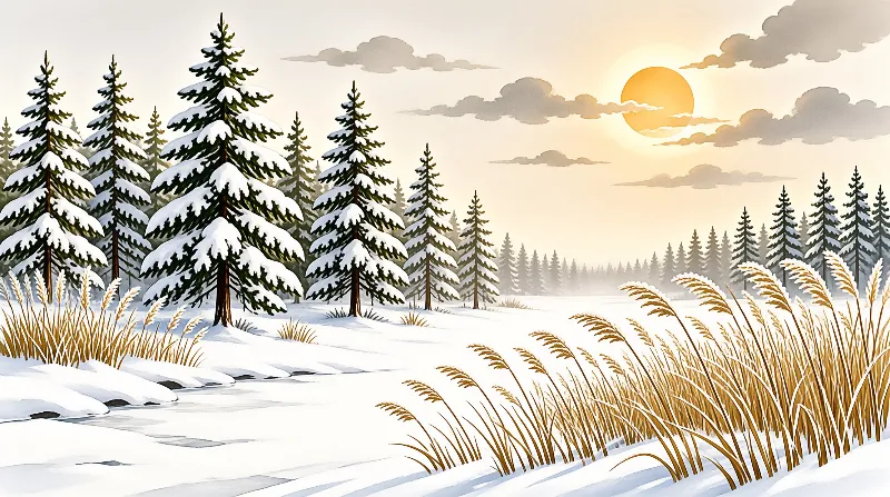 Tall evergreens laden with snow stand beside dry grass while a bright orange sun sets behind distant misty woods.