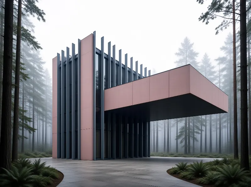 A contemporary structure with pink panels and dark vertical fins stands surrounded by tall trees obscured in thick mist.