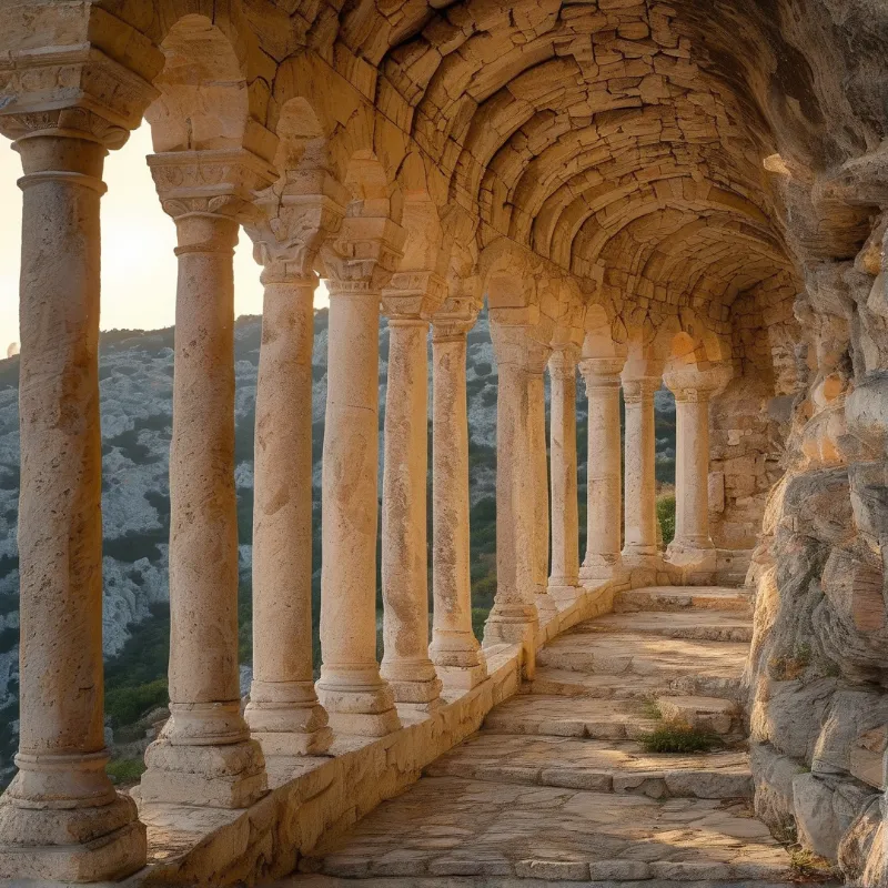A row of aged sandstone columns lines a sloped vaulted walkway, with warm golden hour light casting soft shadows across uneven stone steps and a distant rocky hillside beyond.