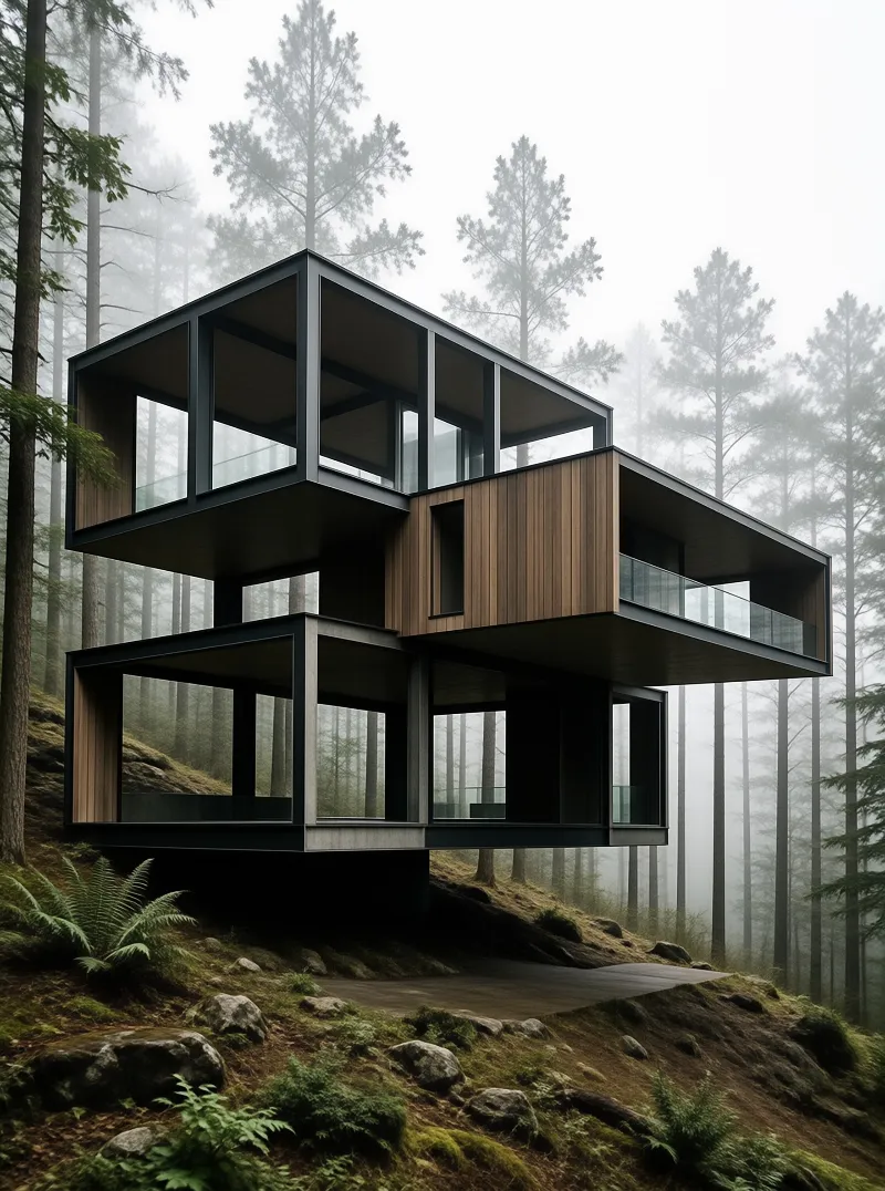 A multi-level geometric building with wood cladding and large windows sits on a mossy slope surrounded by foggy pine trees.