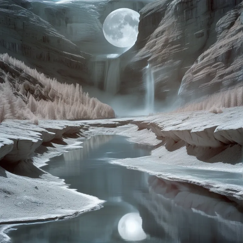 A large moon hangs above a rocky canyon with a waterfall flowing into a winding river reflecting the sky.