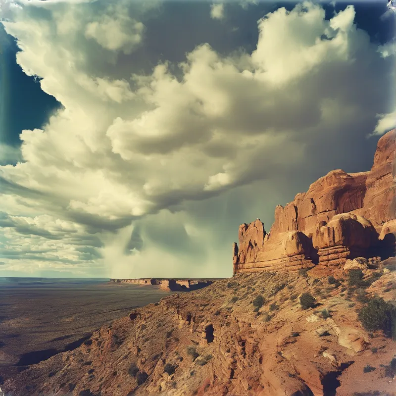 Red sandstone rock formations stand above a wide arid desert plain, with falling rain under dense clouds casting warm light on the cliffs.