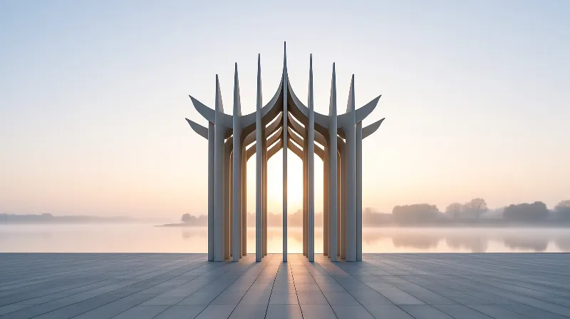 A modern white structure with spires stands on a paved platform overlooking a misty lake during the golden hour.