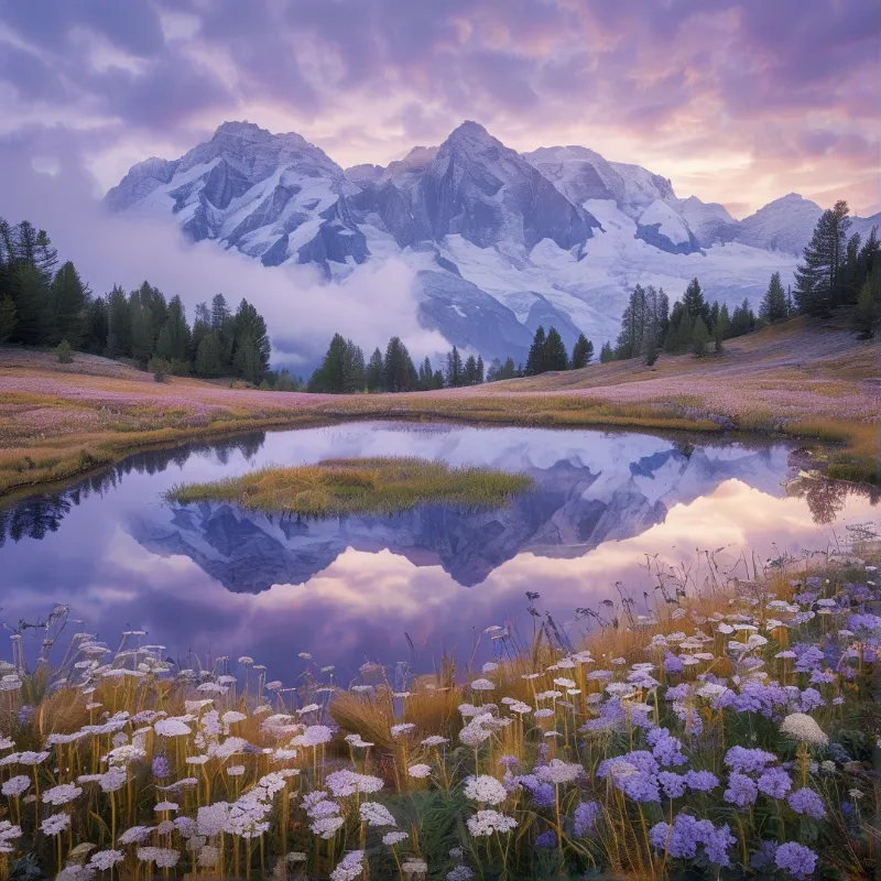 Jagged snow-covered peaks and a lilac dusk sky mirror in an alpine tarn ringed with purple and white wildflowers.