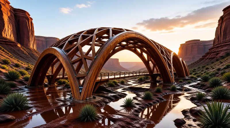 A wooden lattice arch bridge spans a river in a red rock canyon lit by golden sunset light.