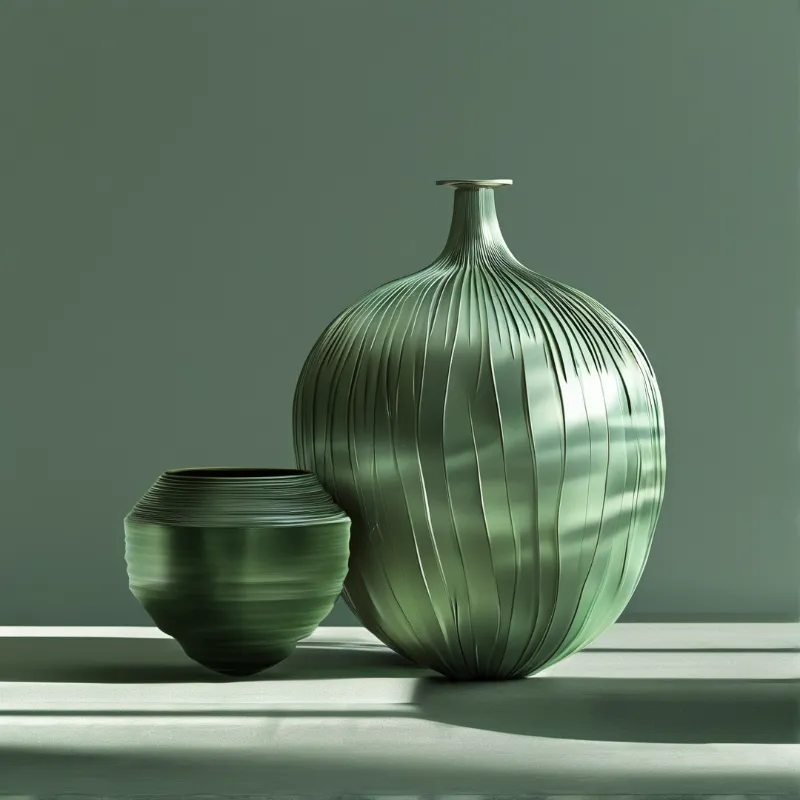 A tall ribbed bulb vase and a low bowl share a pale shelf, striped with soft shadows from unseen foliage.