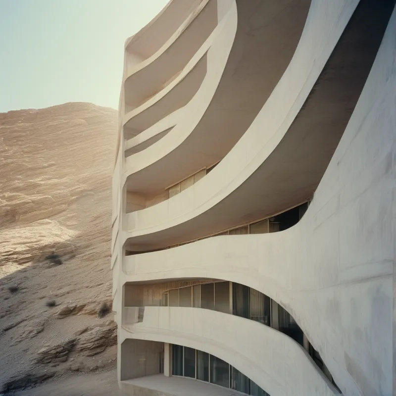 A sweeping white concrete facade with layered curved balconies rises beside a sunlit barren desert hill.