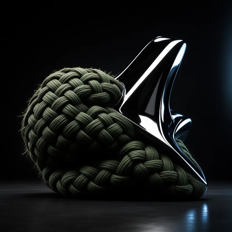 A mirror finish metal wedge rises from a thick braid of olive cord, caught by rim light on a black stage.