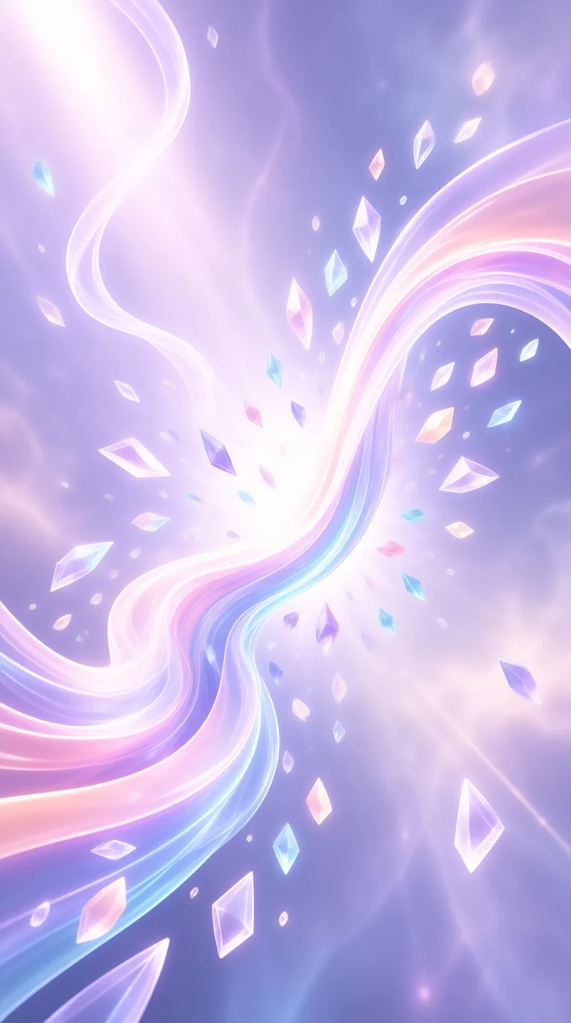 Translucent geometric shapes resembling cut gems drift through a swirling nebula of pastel pink and lavender energy. Ribbons of luminous white and blue flow diagonally across the frame, creating a sense of gentle motion within the dreamlike atmosphere.
