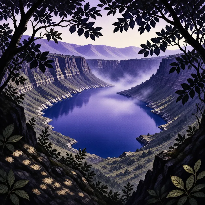 A calm blue caldera lake sits between steep cliffs and distant purple mountains seen through a leafy opening