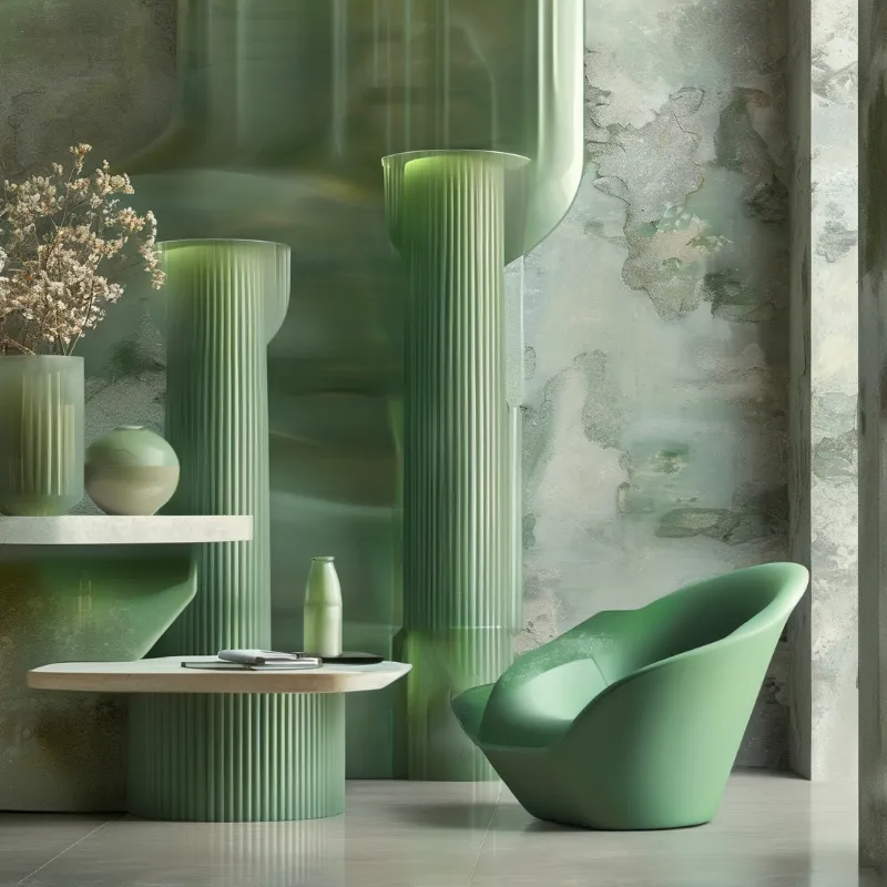 A minimalist interior space with a curved green chair and tall fluted columns beside a textured wall.
