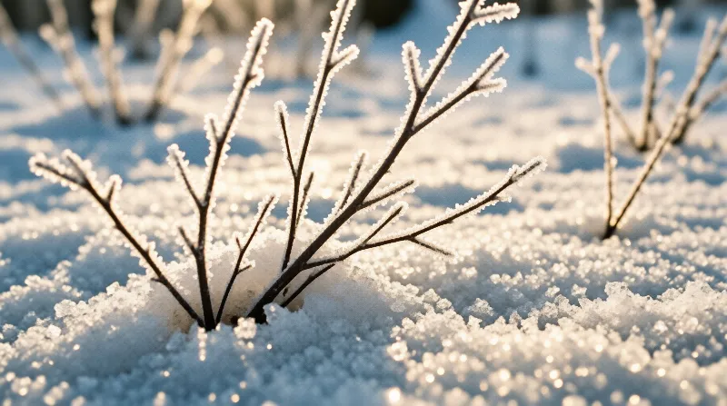 Delicate ice crystals coat a leafless sapling rising from sugary snow, backlit by low sun that makes the granules sparkle.